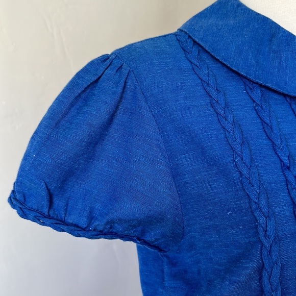 PERSAMAN New York Cobalt Blue Short Puff Sleeve Linen Blend Top, Size Medium - Picture 5 of 13